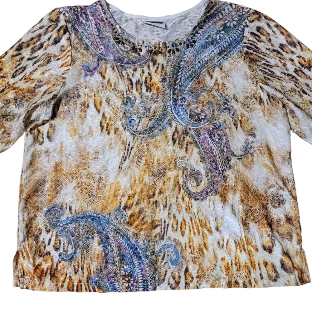 Alfred Dunner Womens Animal Paisley Print Beaded Textured 3/4 Sleeve Top Gold XL